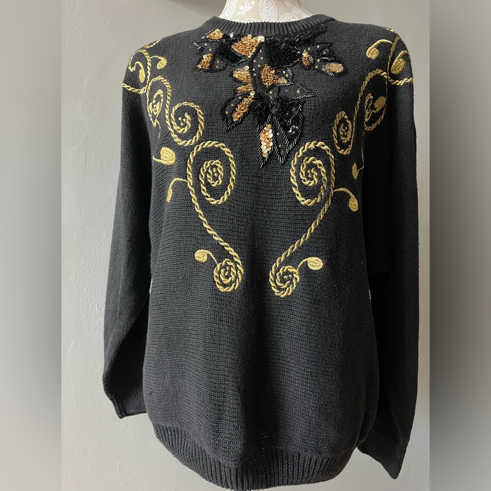 Vintage Midnight Blues Black & Gold Embroidered Holiday Sweater Medium Sequins